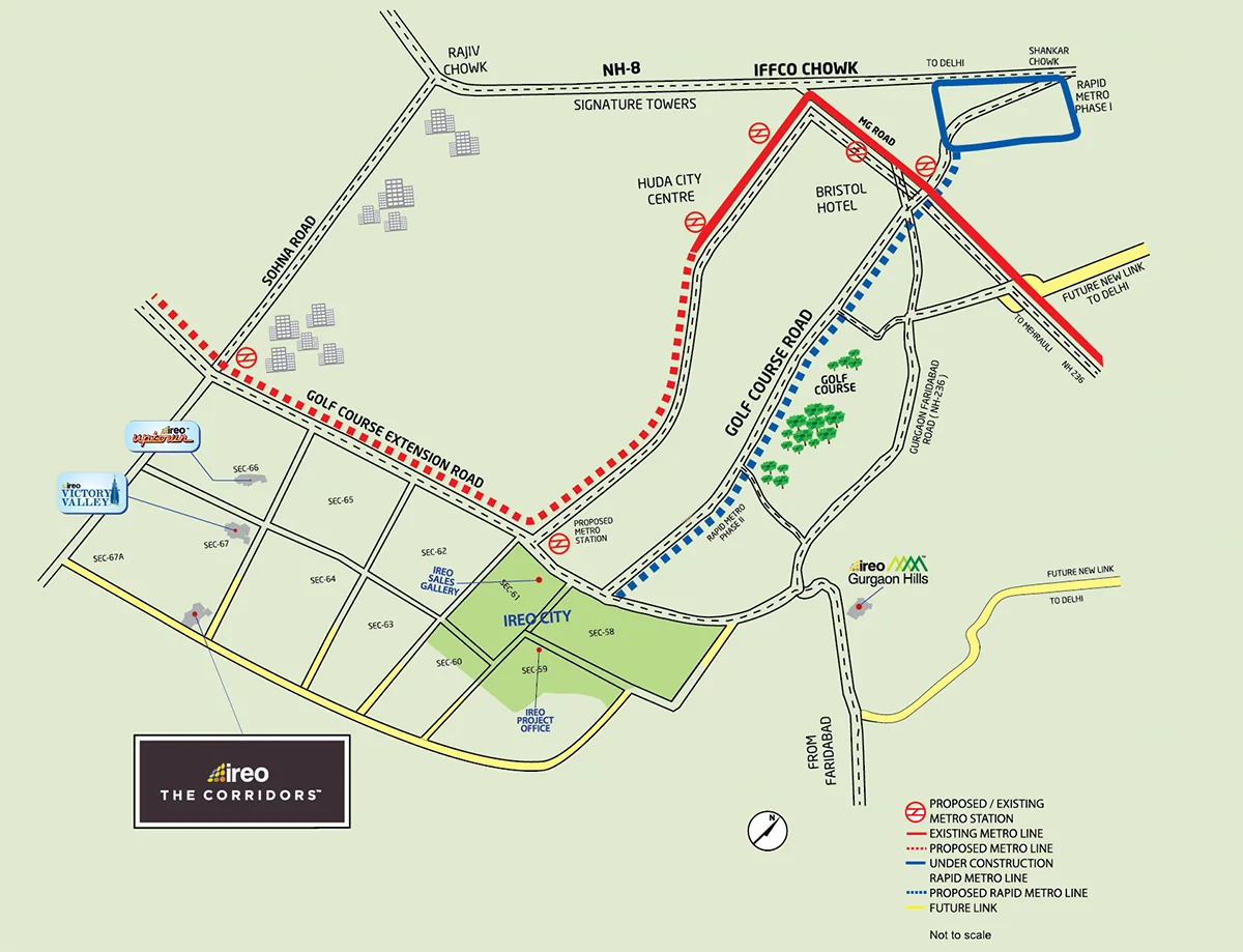 Location map showing The Corridors in Sector 67A between Golf Course Extension Road and Sohna Road