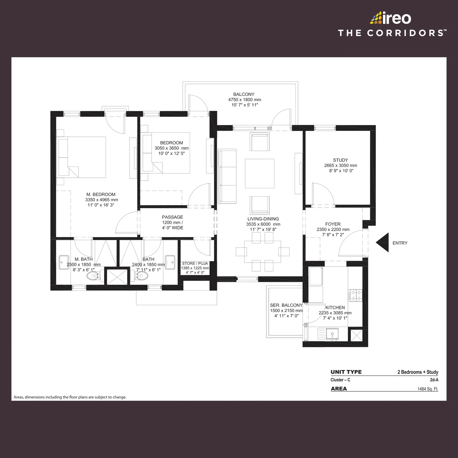 Floor plan, 2 Bedrooms + Study, 1,484 sq ft