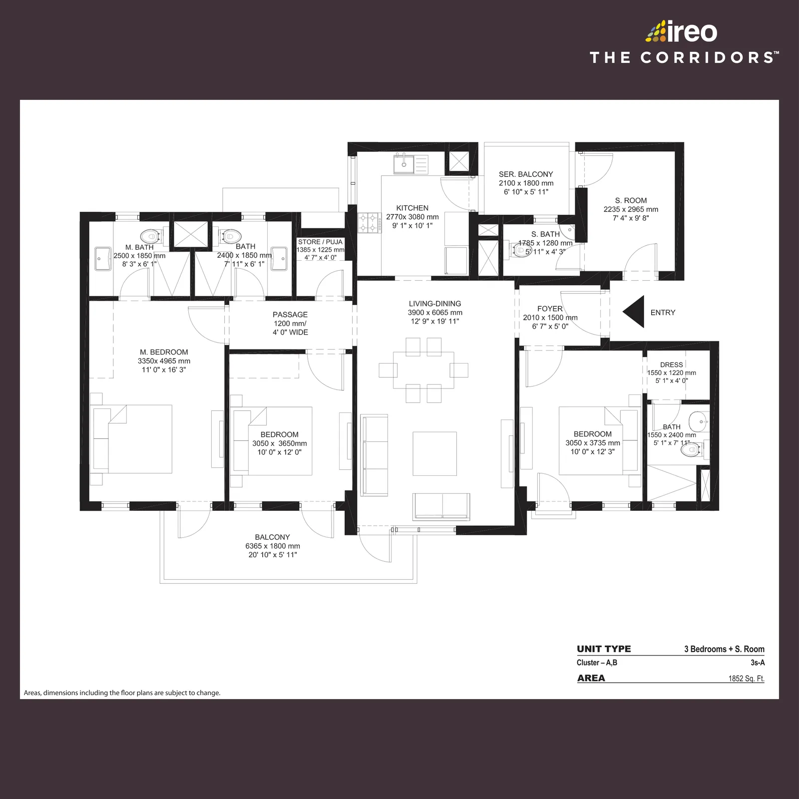 Floor plan, 3 Bedrooms + Servant Room, 1,852 sq ft
