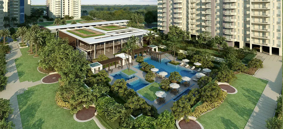 The clubhouse, pools and gardens from above, artist's impression