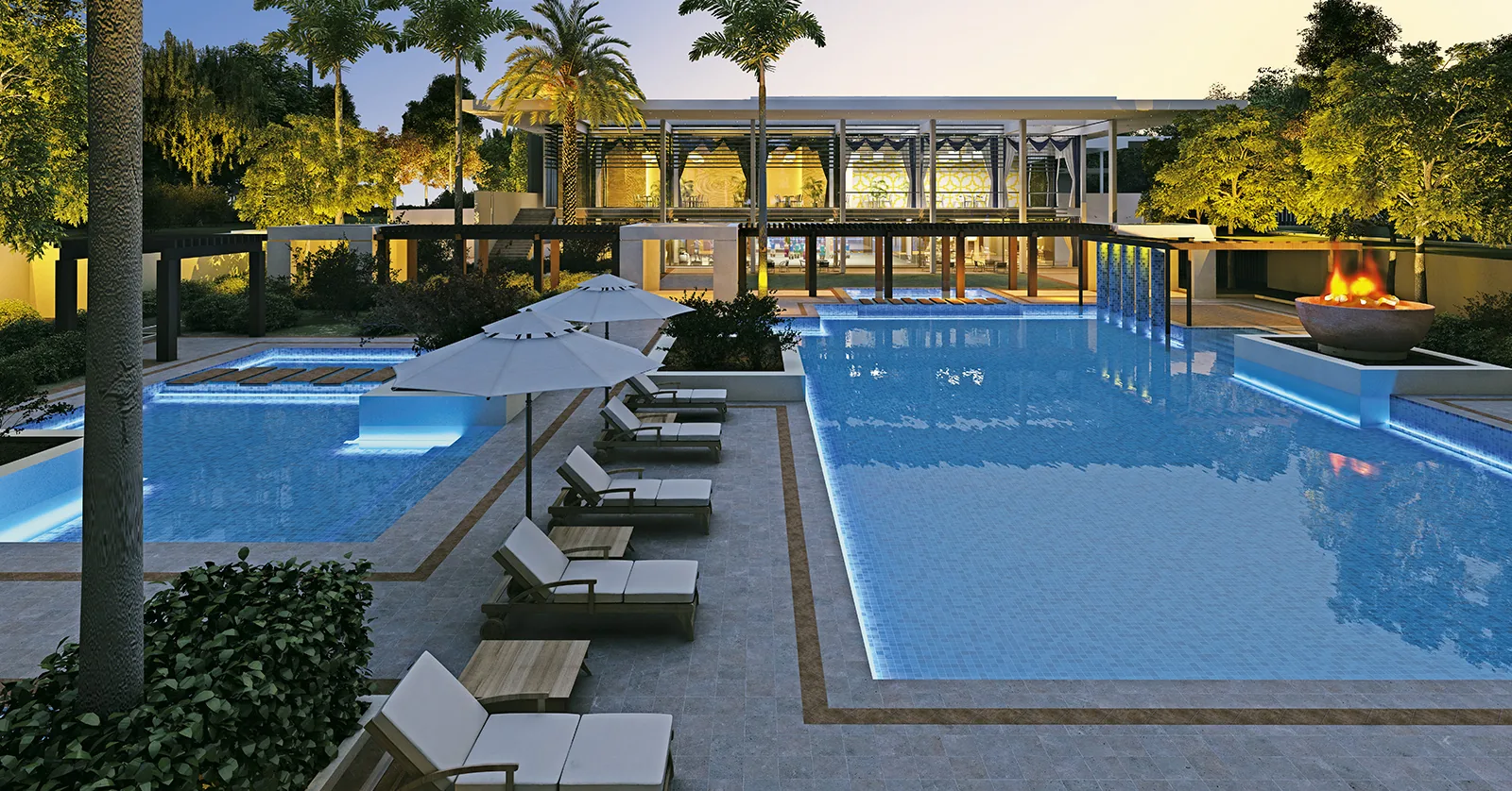 The clubhouse pool deck at dusk, artist's impression