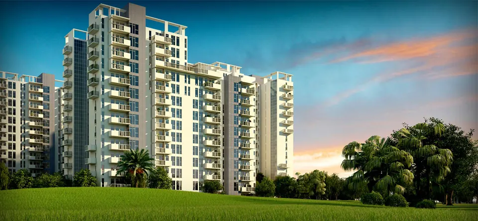 A tower cluster across a lawn at sunset, artist's impression